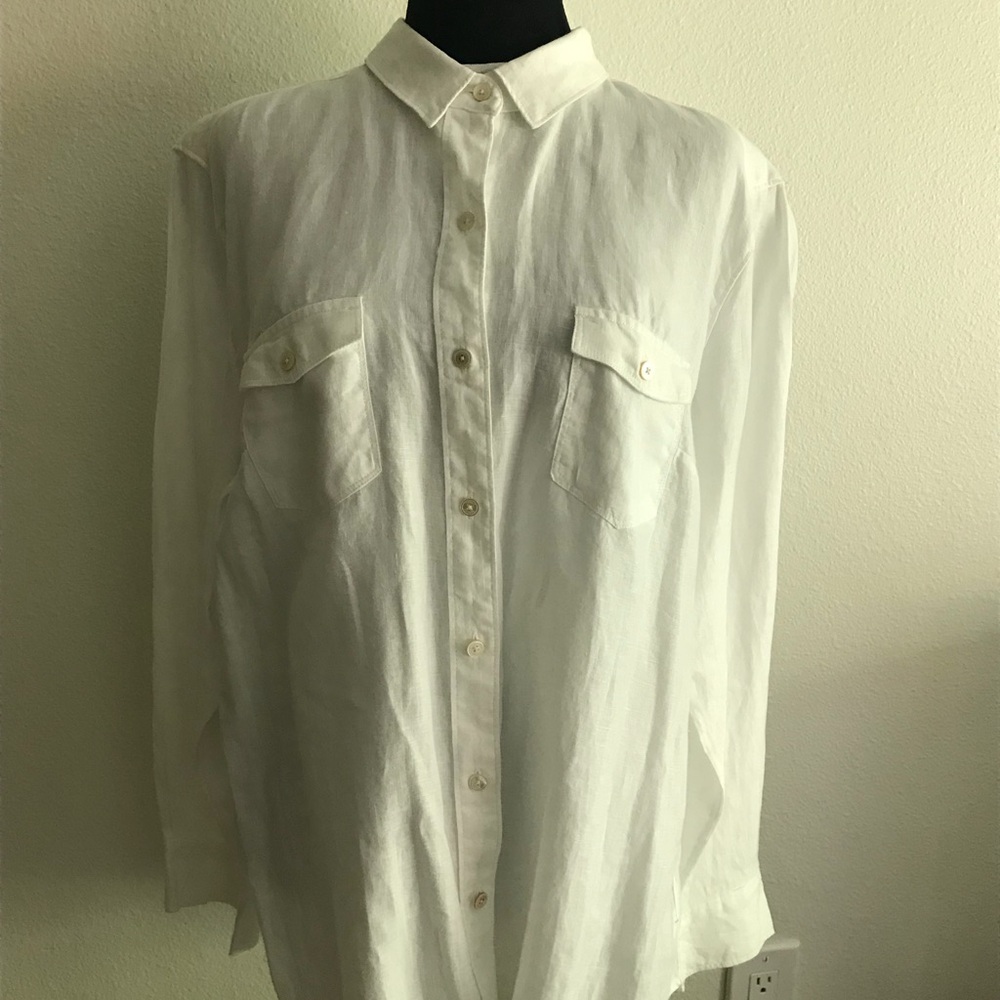 Tommy Bahama White Linen Blouse, L,
w/Colorful Parrot & Tropical Leaf Graphic
